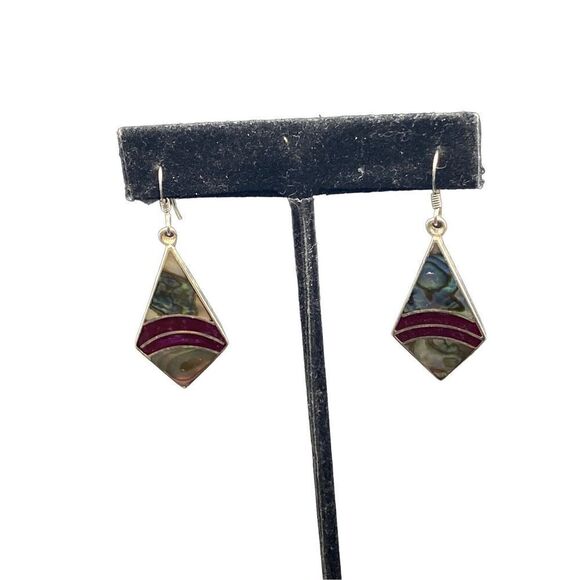 PACA Alpaca Red Jasper Mother Of Pearl and Sterling Silver Vintage Earrings Sign - Picture 1 of 9